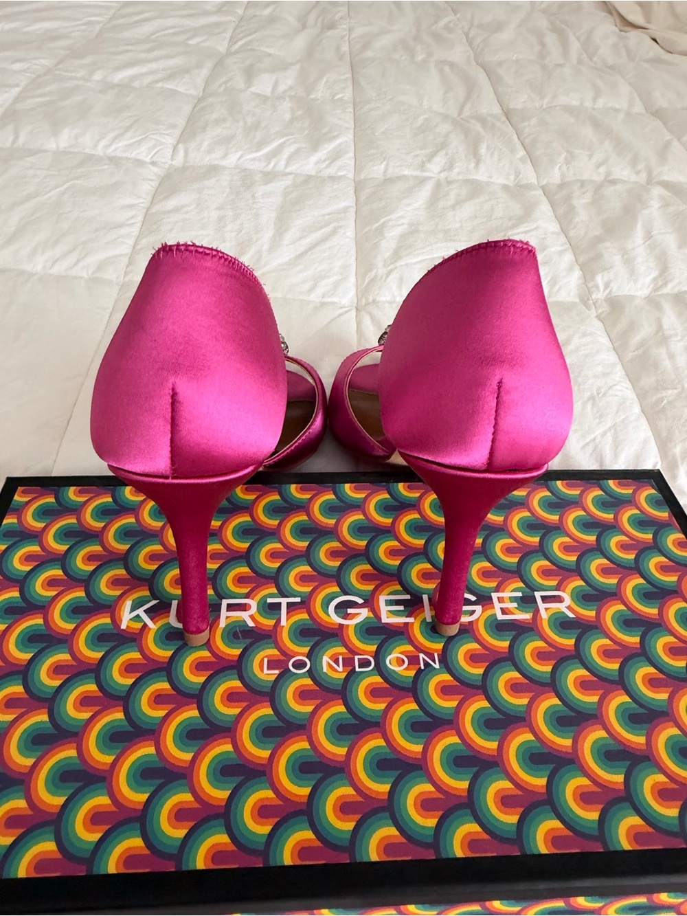 Kurt Geiger Hot Pink Satin Peep-Toe Heels with Crystal Brooch - Picture 5 of 7